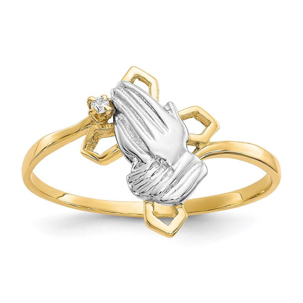 10k Yellow Gold Religious & Rhodium Praying Hands Cz W/Cross Ring Size 6